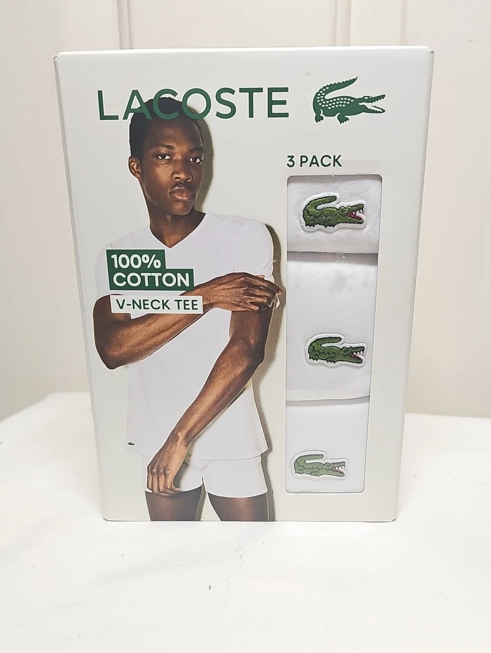 Lacoste White 3-Pack V-Neck Cotton Tees with Green Crocodile Logo